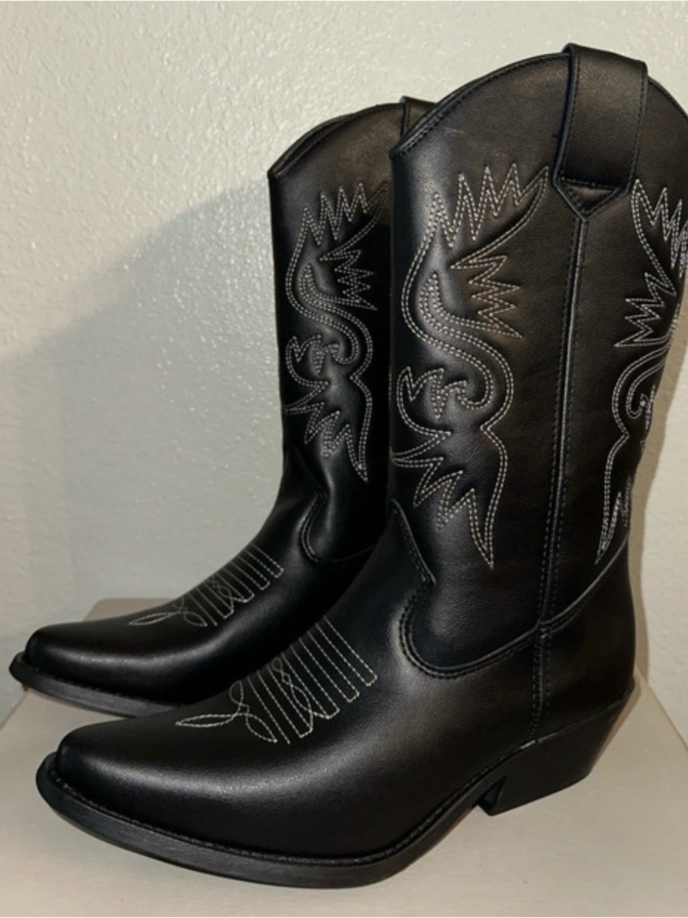 Vegan Classic Black Western Boots with White Stitching